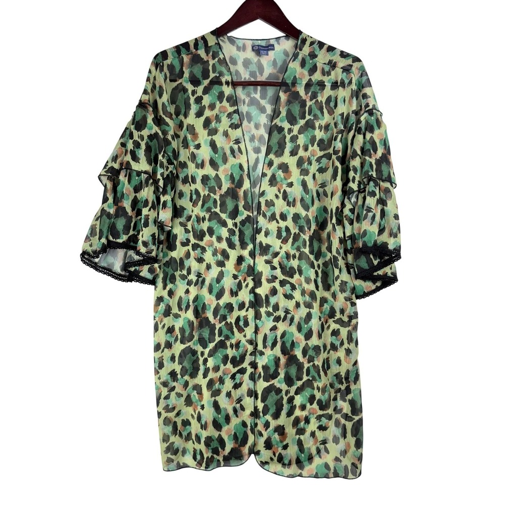 Democracy Kimono Women SM Green Leopard Chiffon Ruffle Sleeve Boho Festival